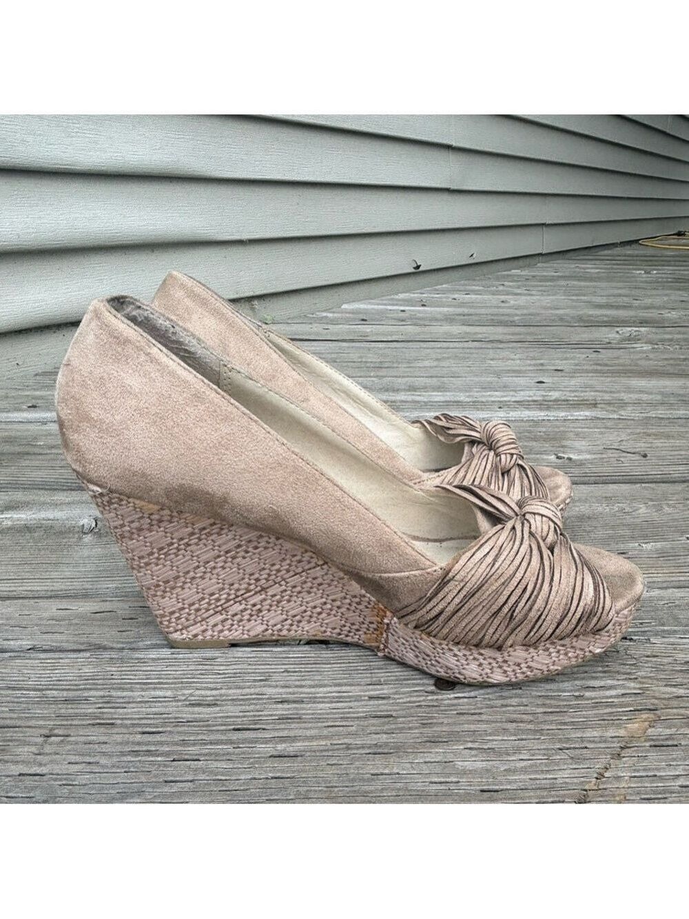 Soda Tan Peep Toe Wedge Shoes Textured Heel